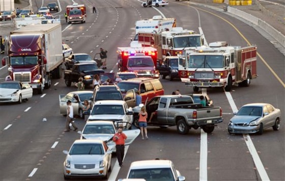 Some of the 69 vehicles that crashed Saturday evening in Phoeinx are piled up on westbound Interstate 10 near 7th Street.